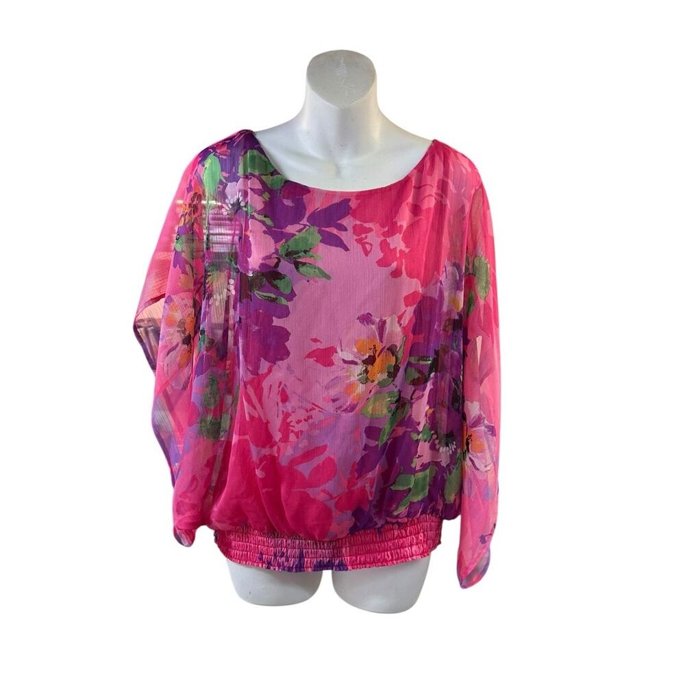 Y2K Cache Pink Floral Top Dolman Sleeve Elastic Waist Boho Vintage Blouse Large